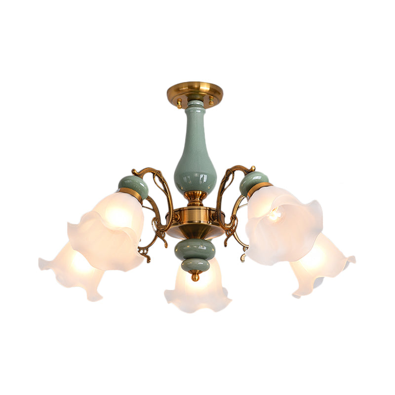 Gold/Black Floral Semi Mount Opal Glass Ceiling Lamp with 3/5 Traditional Lighting Heads - Perfect for Bedrooms