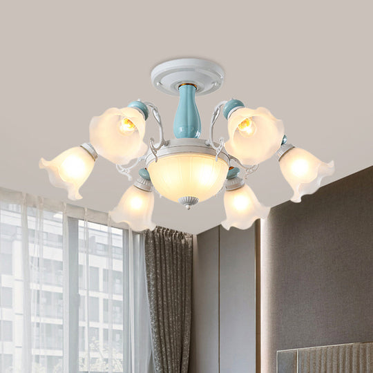 Colonial Style 8-Bulb Flower White Glass Semi Flush Ceiling Lamp with Ceramic Detail - Elegant Lighting Fixture