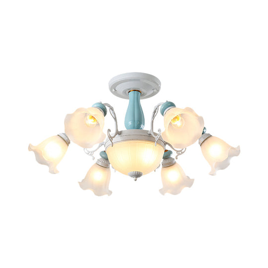 Colonial Style 8-Bulb Flower White Glass Semi Flush Ceiling Lamp with Ceramic Detail - Elegant Lighting Fixture