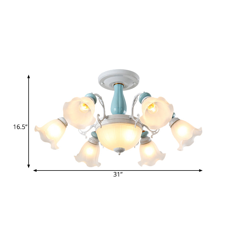 Colonial Style 8-Bulb Flower White Glass Semi Flush Ceiling Lamp with Ceramic Detail - Elegant Lighting Fixture