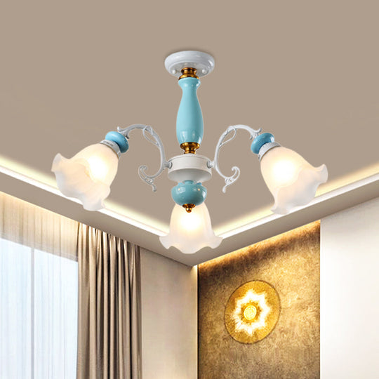 Traditional Floral White Glass Semi-Flush Ceiling Light with 3/5 Lights - Bedroom Flush Mount Lamp in Light Blue