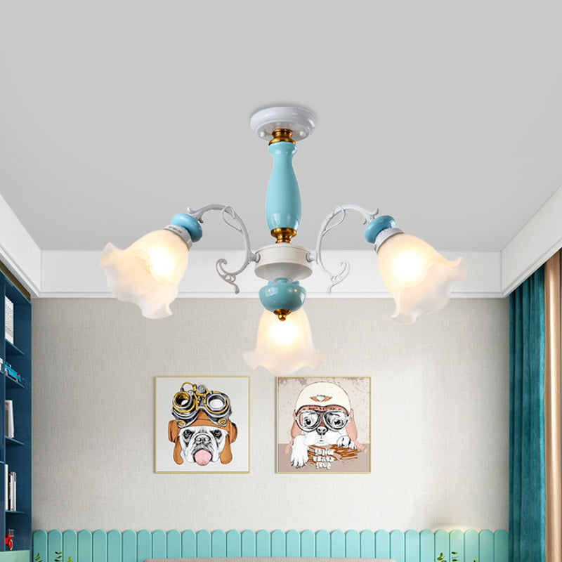 Traditional Floral White Glass Semi-Flush Ceiling Light with 3/5 Lights - Bedroom Flush Mount Lamp in Light Blue