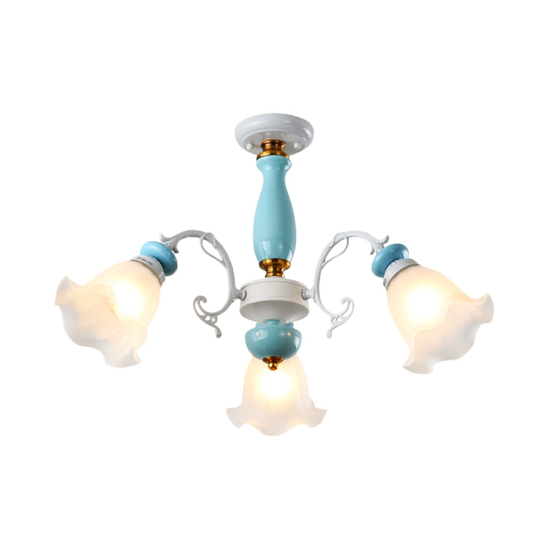 Traditional Floral White Glass Semi-Flush Ceiling Light with 3/5 Lights - Bedroom Flush Mount Lamp in Light Blue