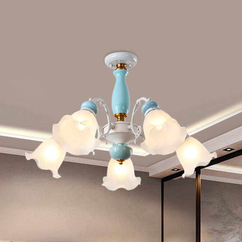 Traditional Floral White Glass Semi-Flush Ceiling Light with 3/5 Lights - Bedroom Flush Mount Lamp in Light Blue