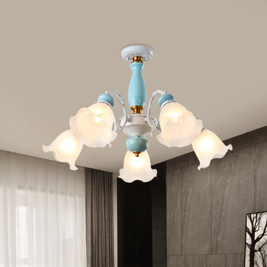 Traditional Floral White Glass Semi-Flush Ceiling Light with 3/5 Lights - Bedroom Flush Mount Lamp in Light Blue