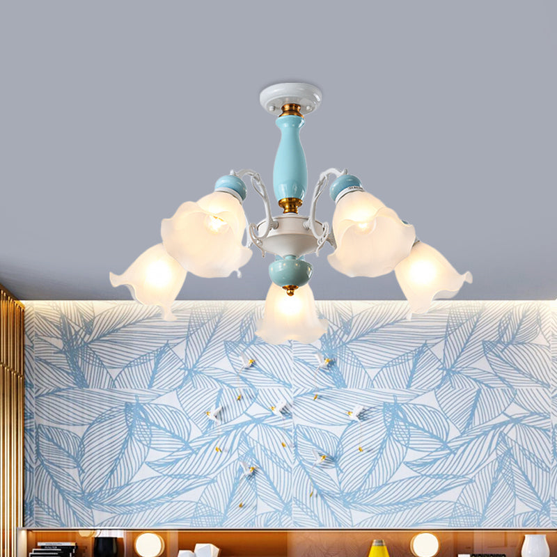 Traditional Floral White Glass Semi-Flush Ceiling Light with 3/5 Lights - Bedroom Flush Mount Lamp in Light Blue