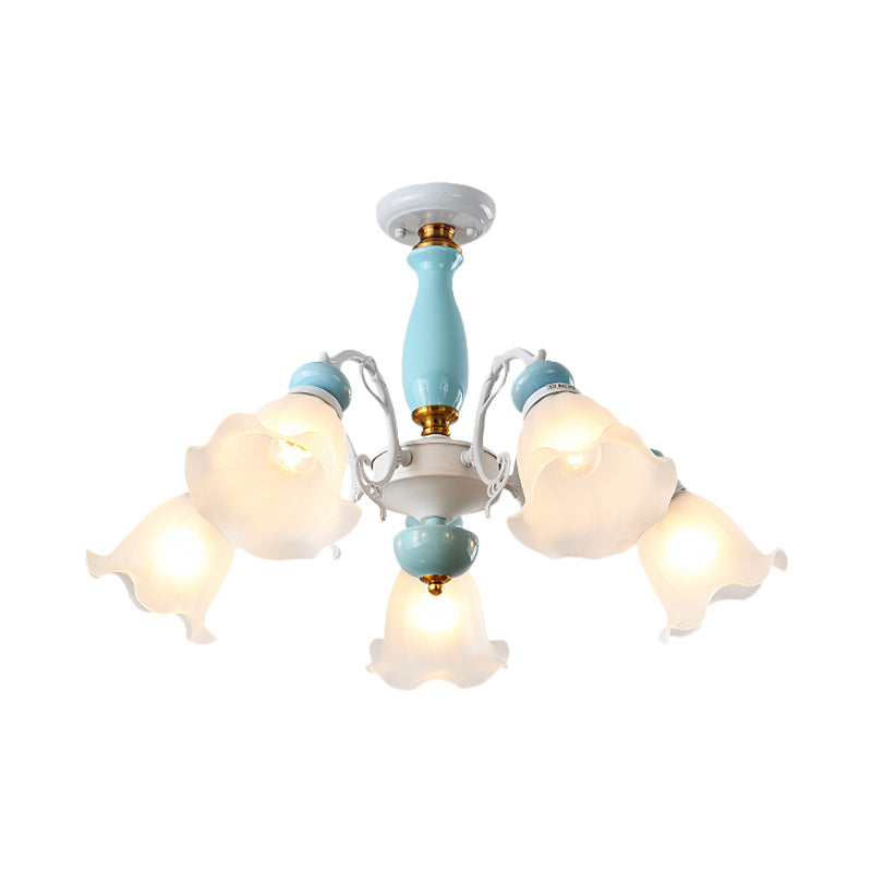 Traditional Floral White Glass Semi-Flush Ceiling Light with 3/5 Lights - Bedroom Flush Mount Lamp in Light Blue