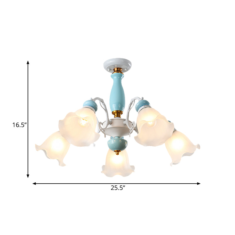 Traditional Floral White Glass Semi-Flush Ceiling Light with 3/5 Lights - Bedroom Flush Mount Lamp in Light Blue