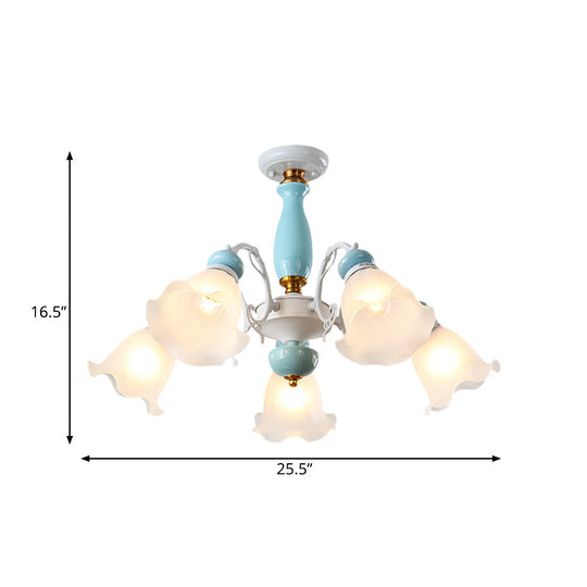 Traditional Floral White Glass Semi-Flush Ceiling Light with 3/5 Lights - Bedroom Flush Mount Lamp in Light Blue