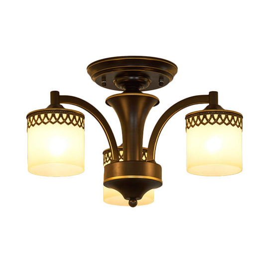 Traditional Cylinder Semi Flush Lighting - Frosted Glass Flush Mount Ceiling Lamp (3/6/8 Bulbs) in Black