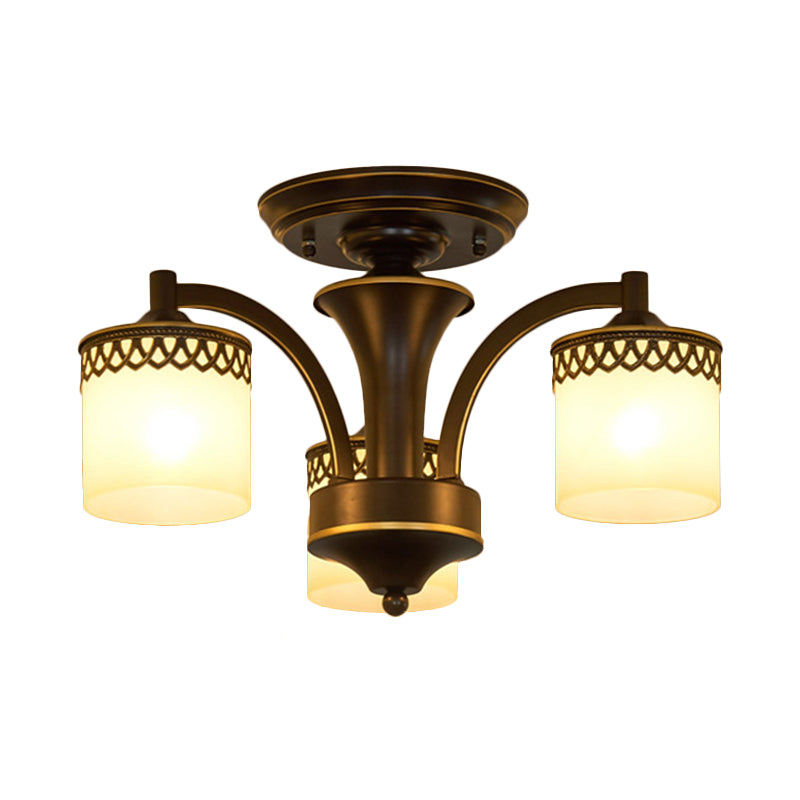 Sleek Black Semi Flush Ceiling Lamp Traditional Cylinder Design Frosted Glass Choose From 3/6/8