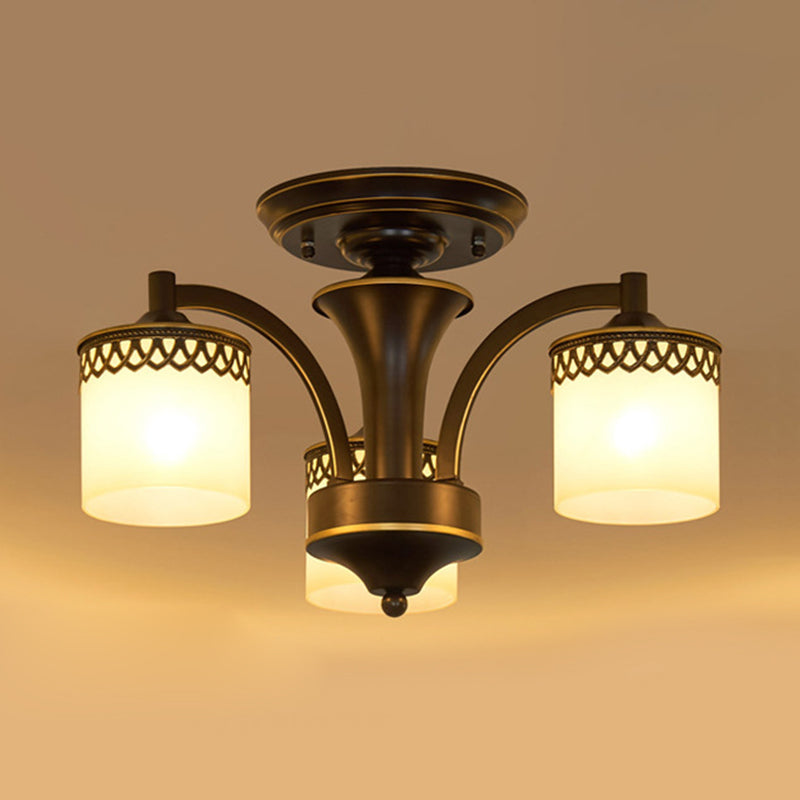 Traditional Cylinder Semi Flush Lighting - Frosted Glass Flush Mount Ceiling Lamp (3/6/8 Bulbs) in Black