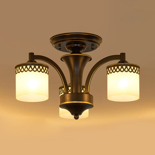 Traditional Cylinder Semi Flush Lighting - Frosted Glass Flush Mount Ceiling Lamp (3/6/8 Bulbs) in Black