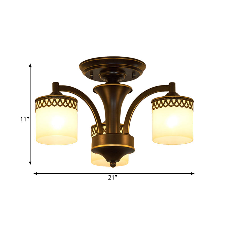 Traditional Cylinder Semi Flush Lighting - Frosted Glass Flush Mount Ceiling Lamp (3/6/8 Bulbs) in Black