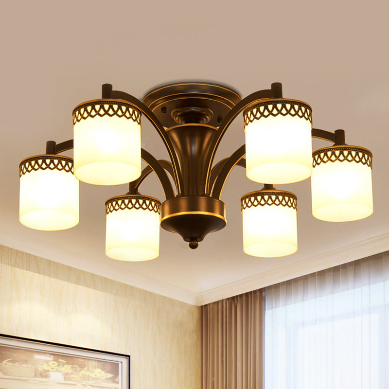 Traditional Cylinder Semi Flush Lighting - Frosted Glass Flush Mount Ceiling Lamp (3/6/8 Bulbs) in Black