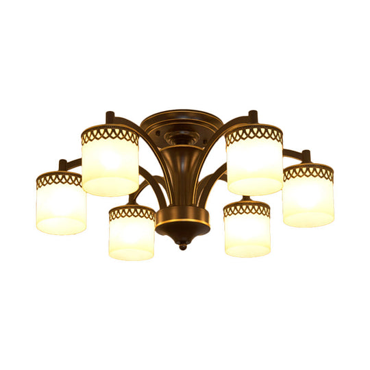 Traditional Cylinder Semi Flush Lighting - Frosted Glass Flush Mount Ceiling Lamp (3/6/8 Bulbs) in Black