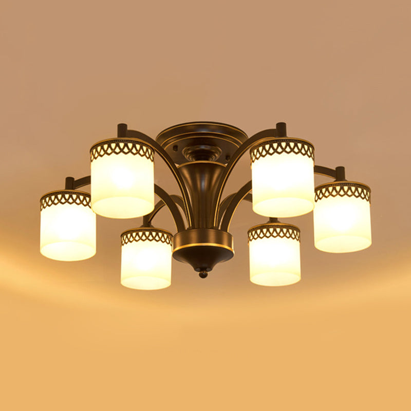 Traditional Cylinder Semi Flush Lighting - Frosted Glass Flush Mount Ceiling Lamp (3/6/8 Bulbs) in Black