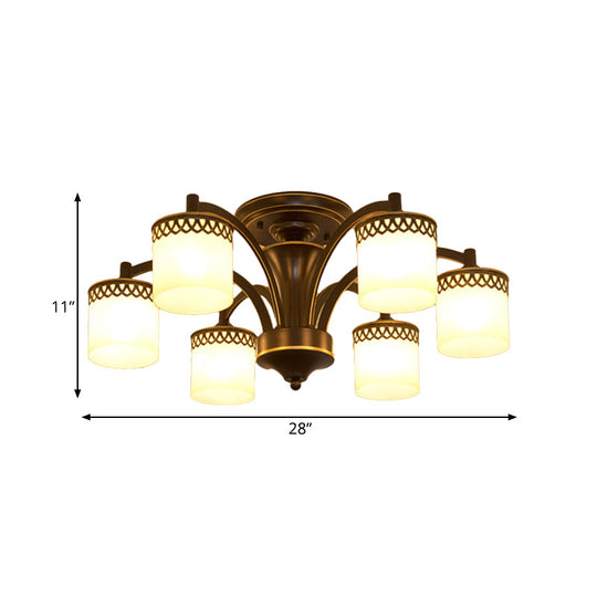 Traditional Cylinder Semi Flush Lighting - Frosted Glass Flush Mount Ceiling Lamp (3/6/8 Bulbs) in Black