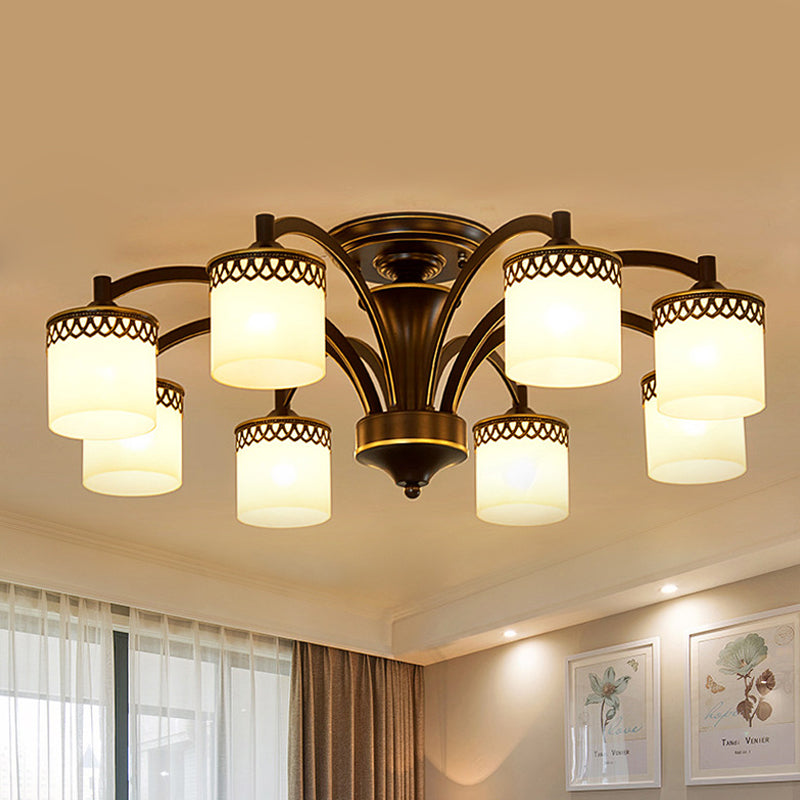 Traditional Cylinder Semi Flush Lighting - Frosted Glass Flush Mount Ceiling Lamp (3/6/8 Bulbs) in Black