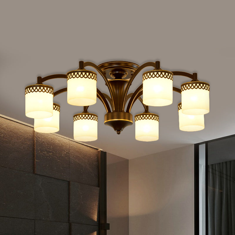 Traditional Cylinder Semi Flush Lighting - Frosted Glass Flush Mount Ceiling Lamp (3/6/8 Bulbs) in Black