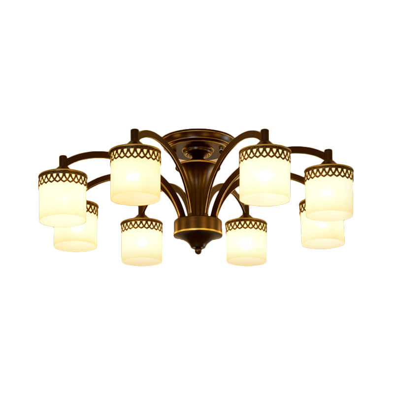 Traditional Cylinder Semi Flush Lighting - Frosted Glass Flush Mount Ceiling Lamp (3/6/8 Bulbs) in Black