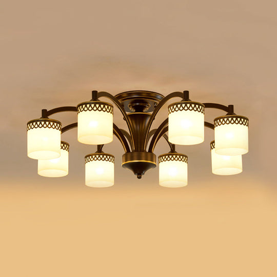 Traditional Cylinder Semi Flush Lighting - Frosted Glass Flush Mount Ceiling Lamp (3/6/8 Bulbs) in Black