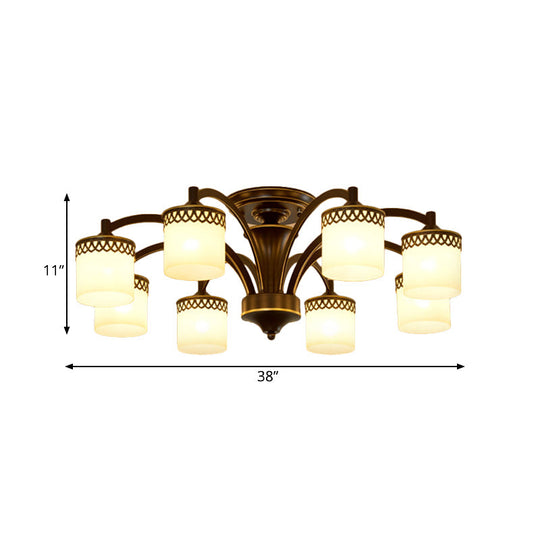 Traditional Cylinder Semi Flush Lighting - Frosted Glass Flush Mount Ceiling Lamp (3/6/8 Bulbs) in Black