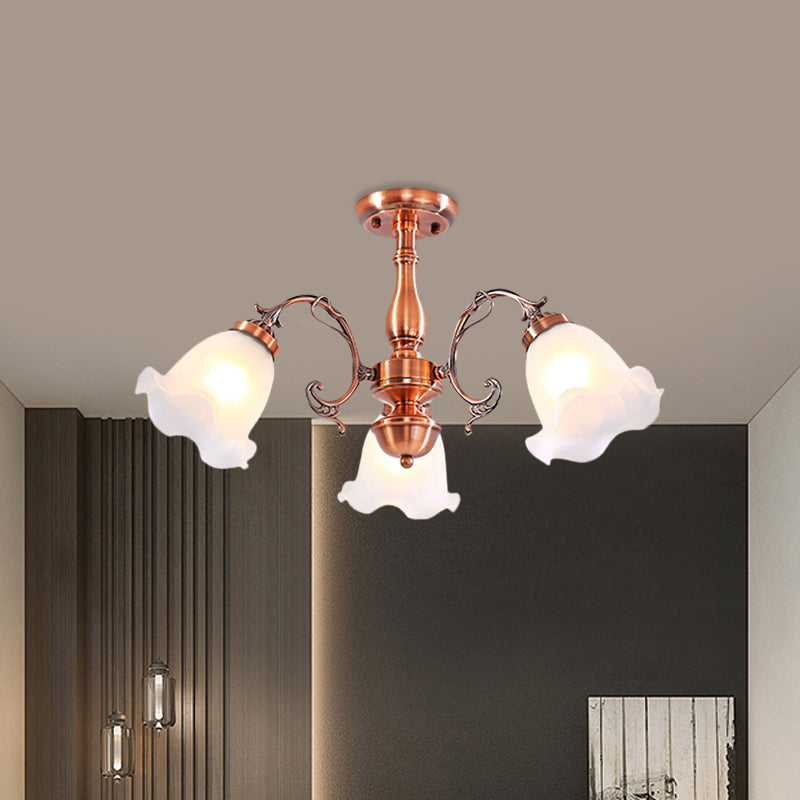 Country Cream Glass Flower Shape Semi Flush Mount Lamp - Copper Lighting (3/5/8 Lights)