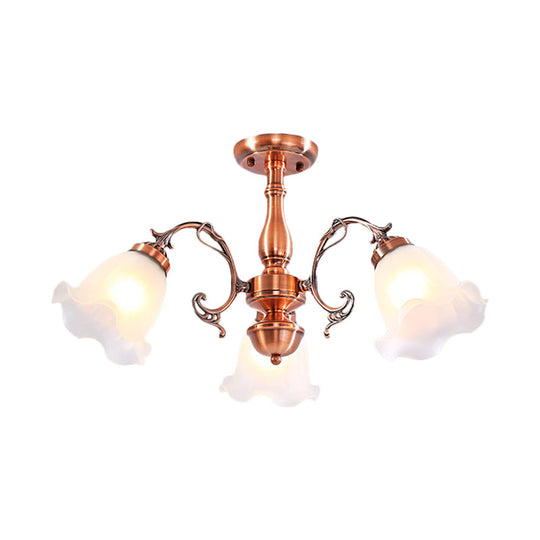 Country Cream Glass Flower Shape Semi Flush Mount Lamp - Copper Lighting (3/5/8 Lights)