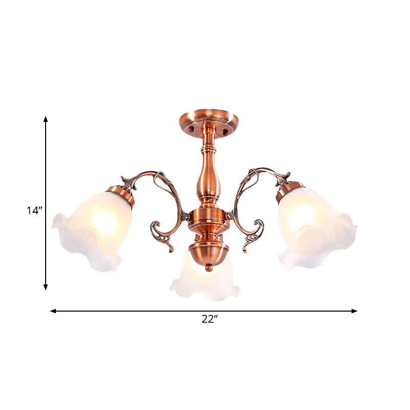 Country Cream Glass Flower Shape Semi Flush Mount Lamp - Copper Lighting (3/5/8 Lights)