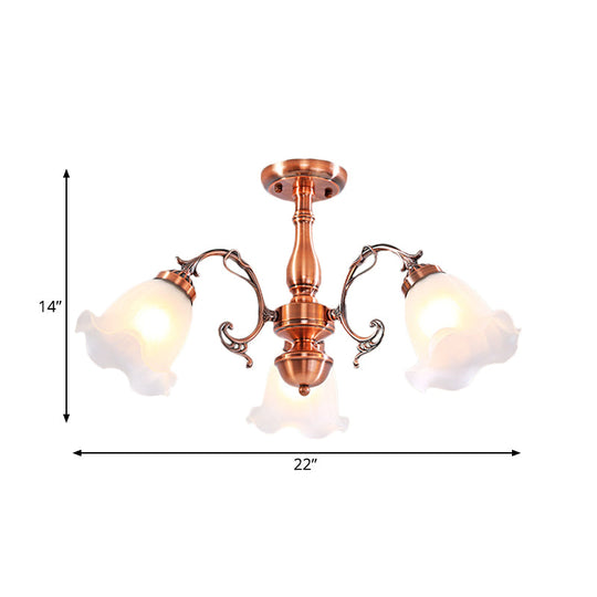 Country Cream Glass Flower Shape Semi Flush Mount Lamp - Copper Lighting (3/5/8 Lights)