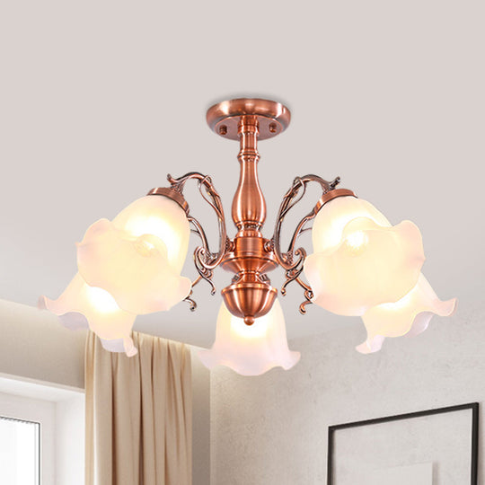 Country Cream Glass Flower Shape Semi Flush Mount Lamp - Copper Lighting (3/5/8 Lights)