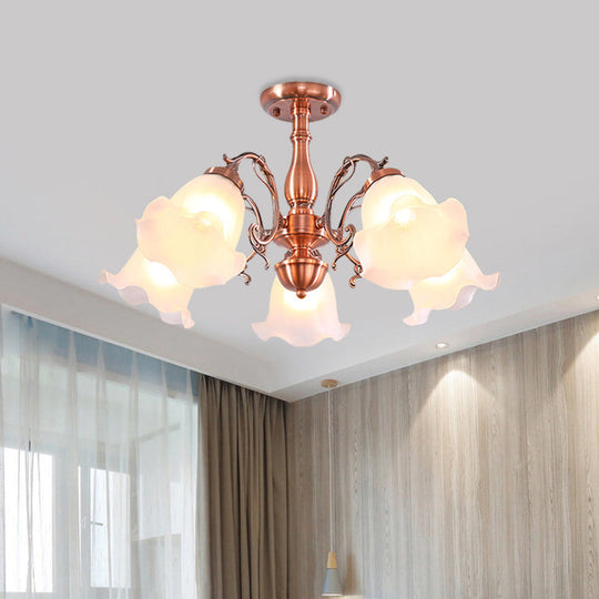 Country Cream Glass Flower Shape Semi Flush Mount Lamp - Copper Lighting (3/5/8 Lights)