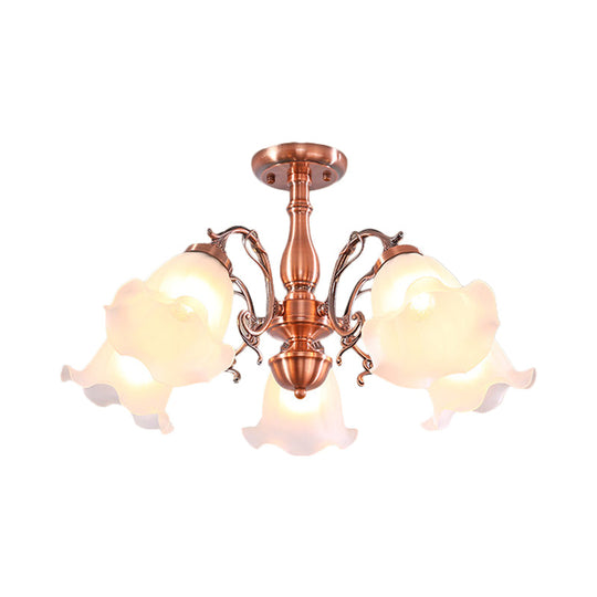 Country Cream Glass Flower Shape Semi Flush Mount Lamp - Copper Lighting (3/5/8 Lights)