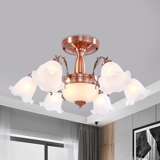 Country Cream Glass Flower Shape Semi Flush Mount Lamp - Copper Lighting (3/5/8 Lights)