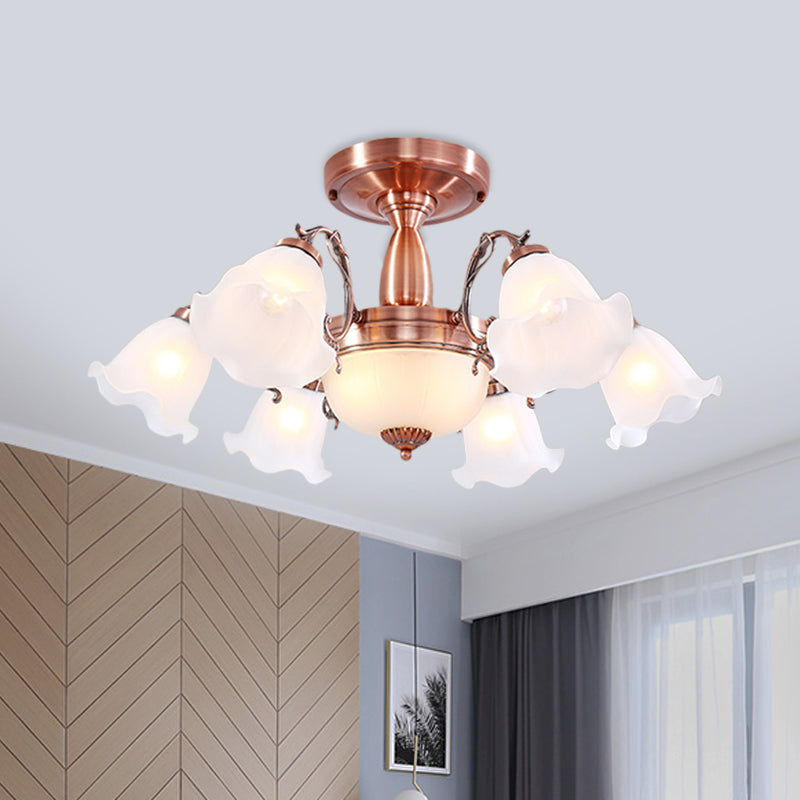 Country Cream Glass Flower Shape Semi Flush Mount Lamp - Copper Lighting (3/5/8 Lights)