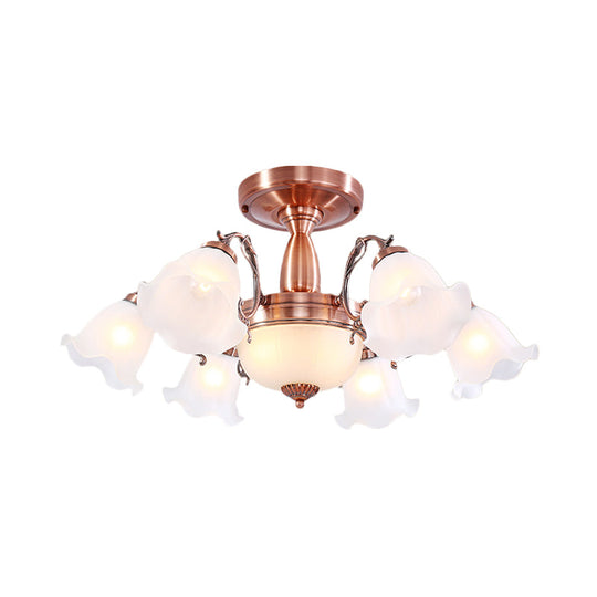 Country Cream Glass Flower Shape Semi Flush Mount Lamp - Copper Lighting (3/5/8 Lights)