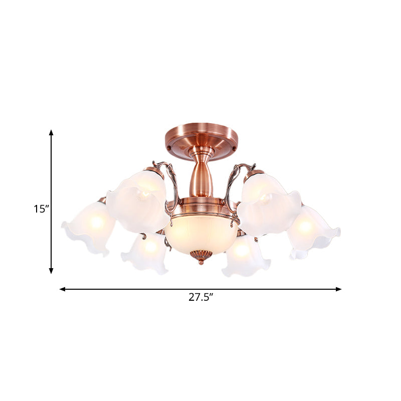 Country Cream Glass Flower Shape Semi Flush Mount Lamp - Copper Lighting (3/5/8 Lights)