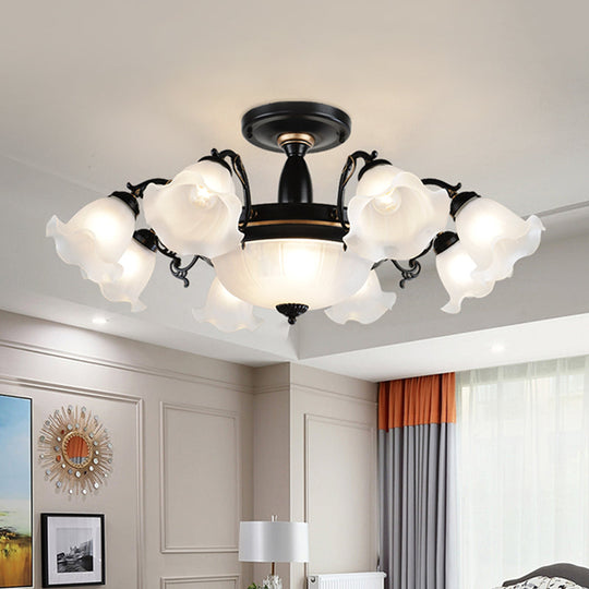 Floral Opal Glass Semi Flush Lighting - Farmhouse White/Black Finish for Living Room Ceiling