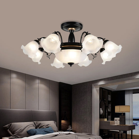 Floral Opal Glass Semi Flush Lighting - Farmhouse White/Black Finish for Living Room Ceiling