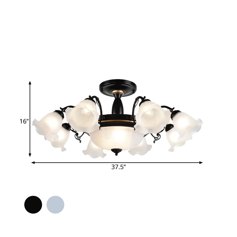 Floral Opal Glass Semi Flush Lighting - Farmhouse White/Black Finish for Living Room Ceiling