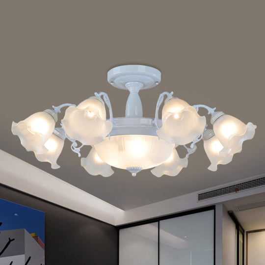 Floral Opal Glass Semi Flush Lighting - Farmhouse White/Black Finish for Living Room Ceiling