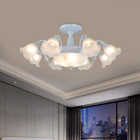 Floral Opal Glass Semi Flush Lighting - Farmhouse White/Black Finish for Living Room Ceiling