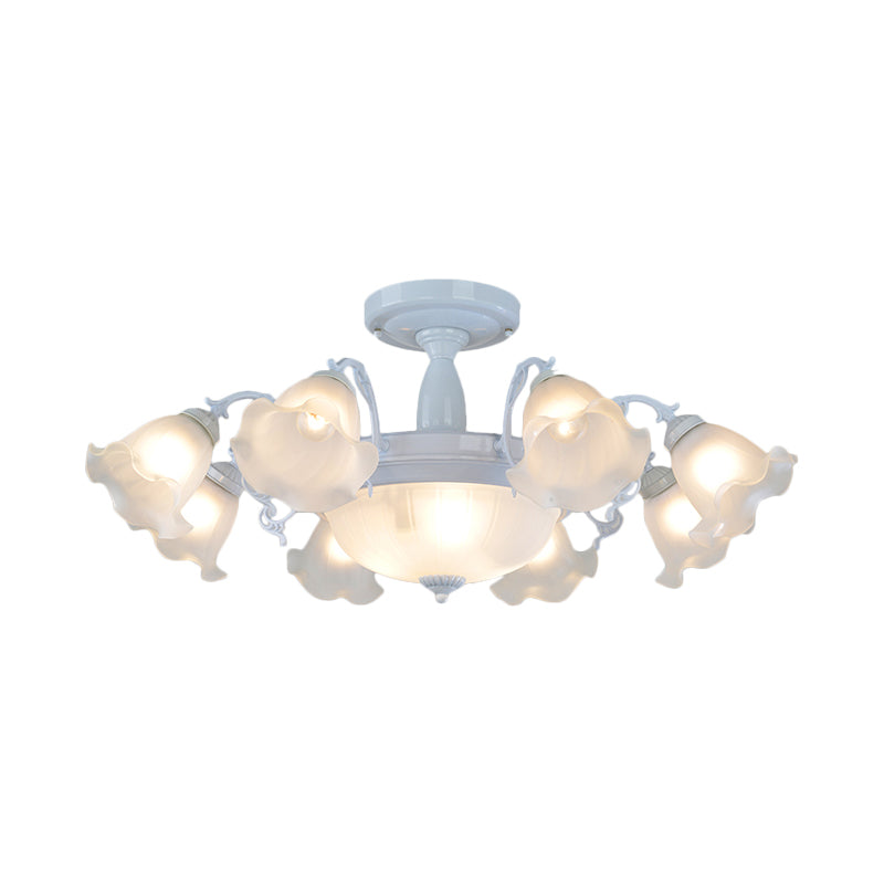 Floral Opal Glass Semi Flush Lighting - Farmhouse White/Black Finish for Living Room Ceiling