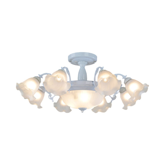 Floral Opal Glass Semi Flush Lighting - Farmhouse White/Black Finish for Living Room Ceiling