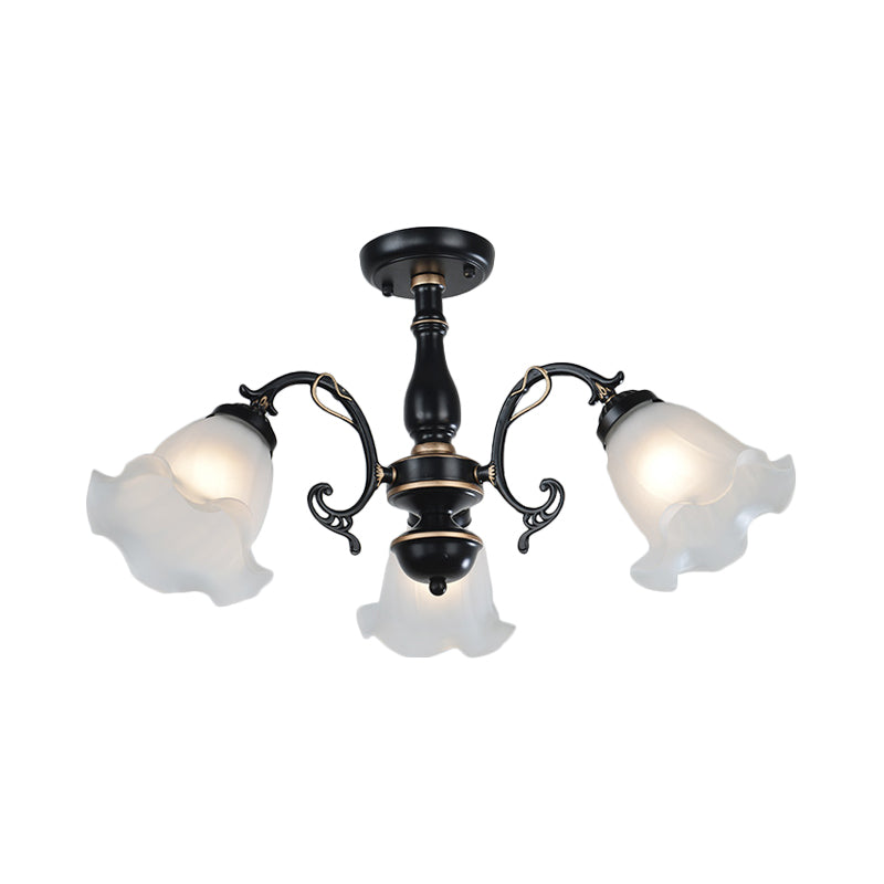 3/5-Light Floral Semi-Flush Ceiling Light - Countryside White/Black Finish with Cream Glass