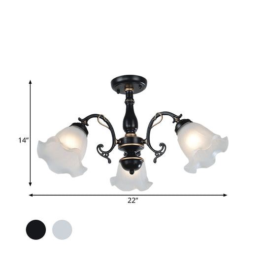 3/5-Light Floral Semi-Flush Ceiling Light - Countryside White/Black Finish with Cream Glass