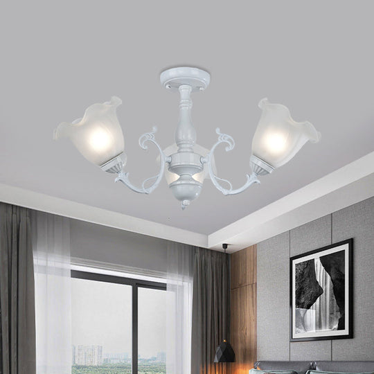 3/5-Light Floral Semi-Flush Ceiling Light - Countryside White/Black Finish With Cream Glass