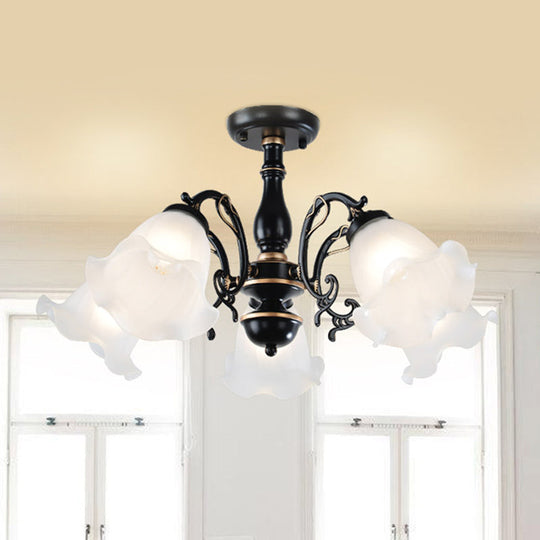 3/5-Light Floral Semi-Flush Ceiling Light - Countryside White/Black Finish with Cream Glass