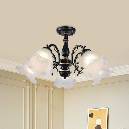 3/5-Light Floral Semi-Flush Ceiling Light - Countryside White/Black Finish with Cream Glass